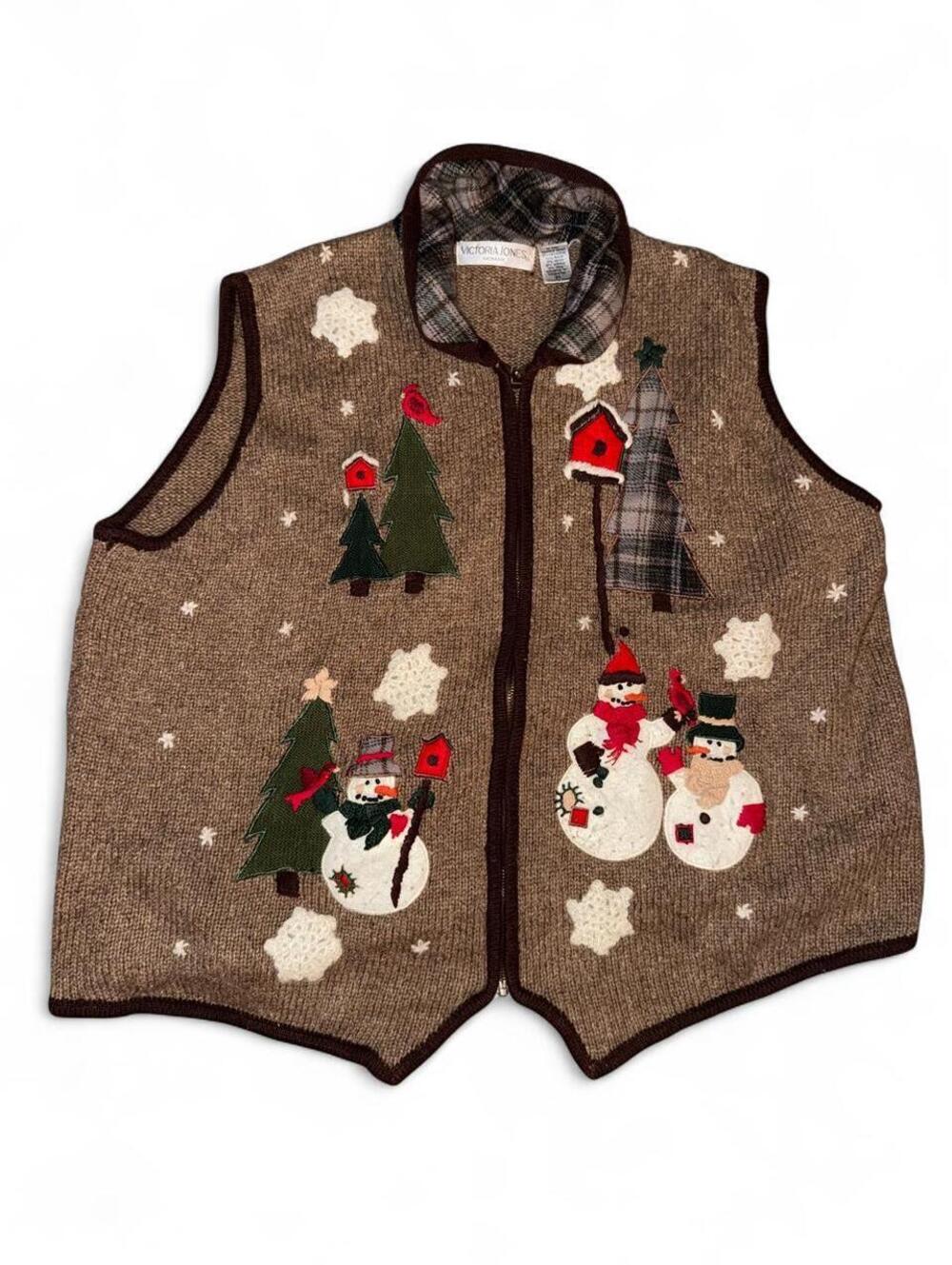 Victoria Jones Women brown zip wool blend vest 3X plaid collar Snowmen Snowflake